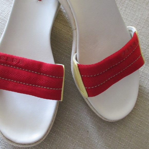 AUTH PRADA $275 red yellow logo SANDALS - Picture 2 of 8